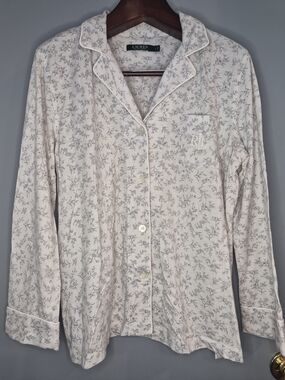 Lauren Ralph Lauren Grey Floral Button-Up Cotton Pajama Top & Pant Set